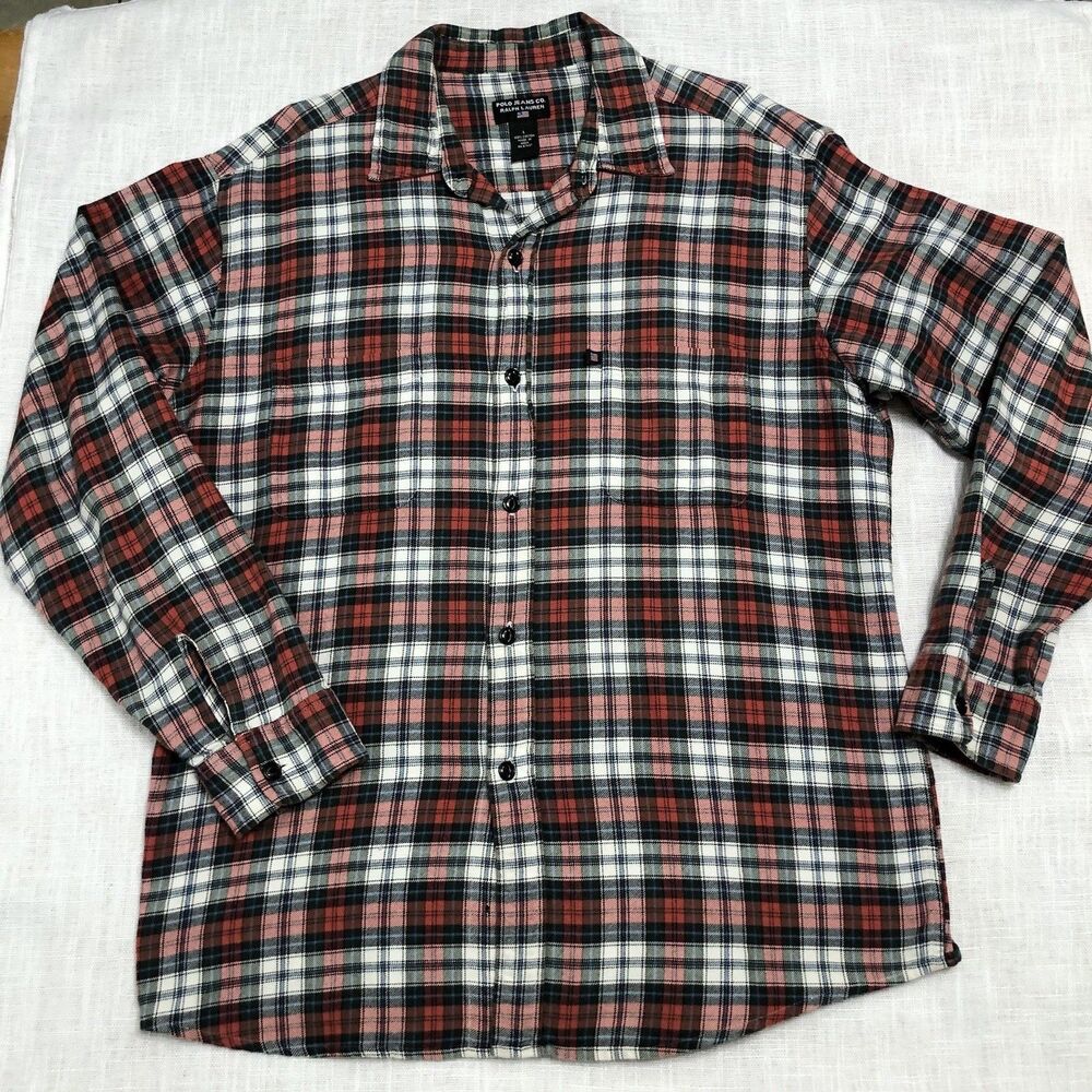 Polo Jeans Co Ralph Lauren Red Gray Plaid Flannel Shirt Mens L Vintage Grunge